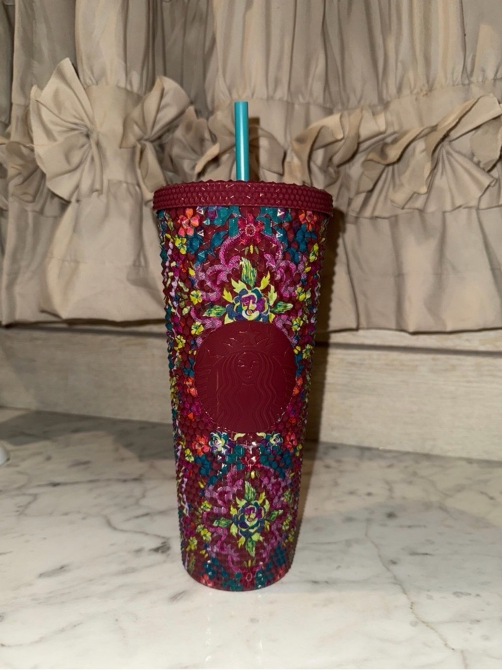 Starbucks Burgundy Floral Studded Tumbler with Teal Straw